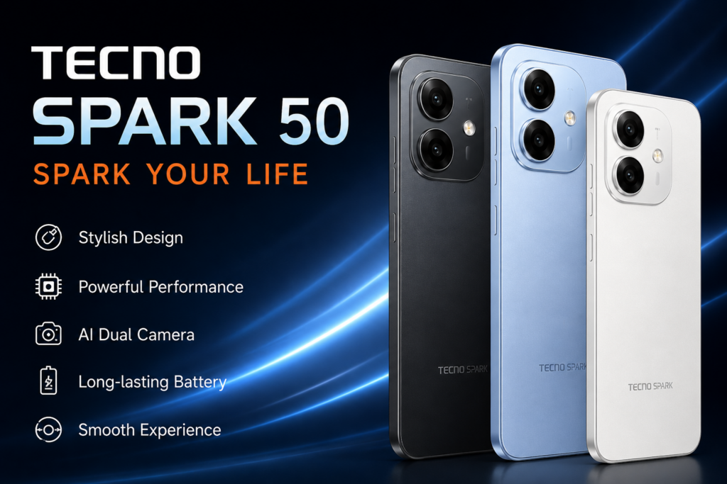 Tecno Spark 50 smartphone displayed in black, blue, and white colors with a modern design, dual camera system, long-lasting battery, and smooth performance features.