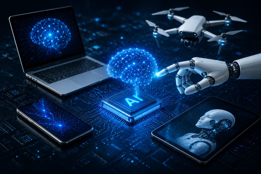 Futuristic artificial intelligence technology showing a glowing AI chip, digital brain, robotic hand, drone, laptop, smartphone, and advanced smart devices.